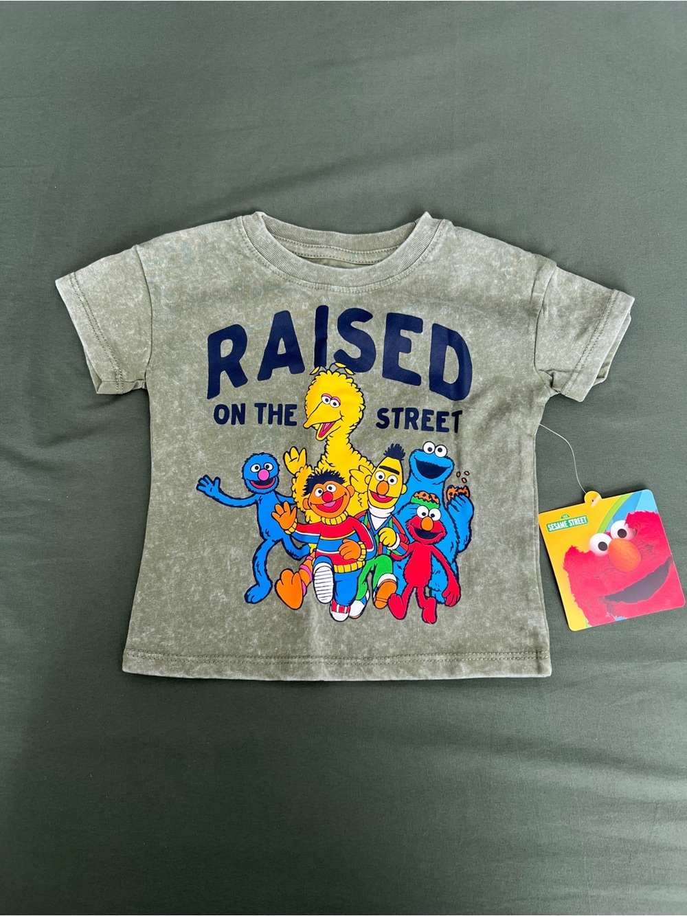 Kids Tee in Olive with Colorful Sesame Street Characters Size 12M